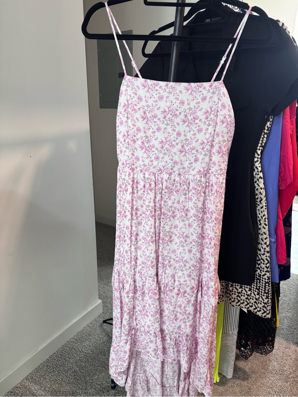 Women’s Pink Floral Spaghetti-Strap High Low Maxi Dress